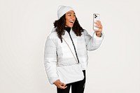 Puffer jacket png mockup, women's winter fashion, transparent design