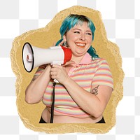 Woman holding megaphone png sticker, ripped paper, transparent background