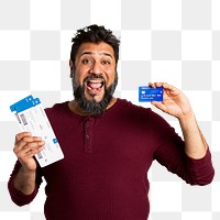 Excited Indian man holding a credit card and fligh tickets mockup