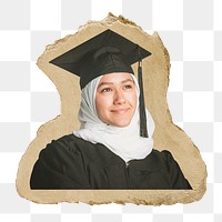 Muslim graduate png sticker, ripped paper, transparent background