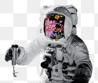 Surreal astronaut png sticker, floral helmet, transparent background