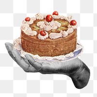 Hand png sticker holding birthday cake, vintage remix, transparent background