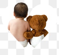 PNG baby and teddy bear, heart shaped sticker collage element on transparent background