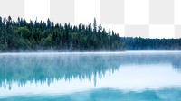 Pine forest lake png border, foggy nature image, transparent background