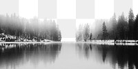 Foggy lake png border, pine forest in Winter, transparent background