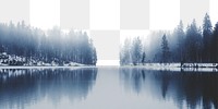 Foggy lake png border, pine forest in Winter, transparent background