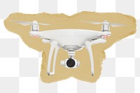 Flying drone png sticker, ripped paper, transparent background