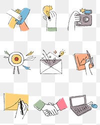 Colorful teamwork icons png with doodle art design set