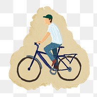 Man riding bicycle png sticker, ripped paper, transparent background