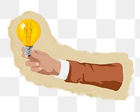 Hand holding bulb png sticker, ripped paper, transparent background