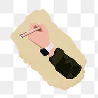 Hand holding pen png sticker, ripped paper, transparent background