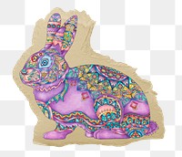 Mandala rabbit png sticker, ripped paper, transparent background