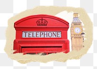 Telephone booth png sticker, ripped paper, transparent background