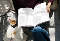 Magazine png mockup, woman with coffee cup, transparent design