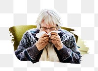 PNG Senior woman sneezing, collage element, transparent background