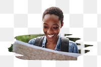 PNG African American woman looking at a map, collage element, transparent background