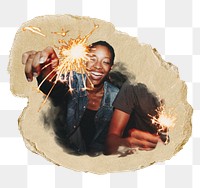 Woman png holding sparkler sticker, ripped paper, transparent background