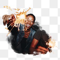 Woman holding sparkler png sticker, transparent background