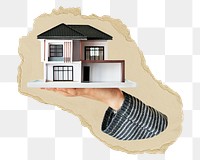 Hand png presenting house sticker, ripped paper, transparent background