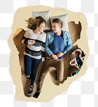 Happy couple png on bed sticker, ripped paper, transparent background