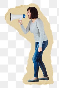 Png Woman shouting sticker, ripped paper transparent background