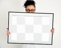 Picture frame png mockup, woman holding, transparent design