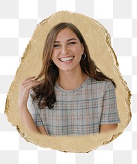 Png Smiling woman sticker, ripped paper transparent background