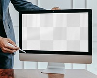 Desktop screen png mockup, businessman hands, transparent design