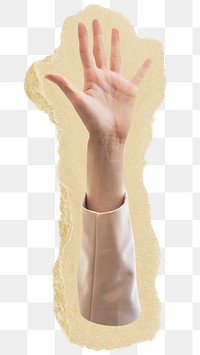 Raising hand png sticker, ripped paper, transparent background