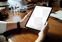 Tablet screen png mockup, man hands, transparent design