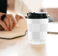 Coffee cup png mockup, black plastic lid, transparent design