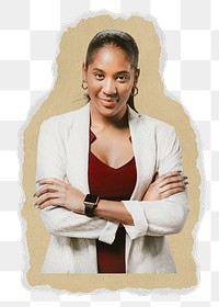 Confident businesswoman png sticker, ripped paper, transparent background