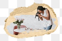 PNG Female photographer shooting beauty products on the table, collage element, transparent background