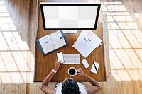 Computer screen png mockup, woman working from home, transparent design