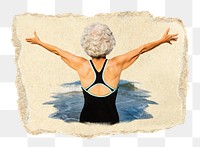 Carefree elderly woman png sticker, ripped paper, transparent background