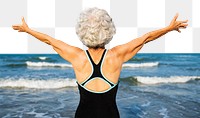 Carefree elderly woman png border, transparent background