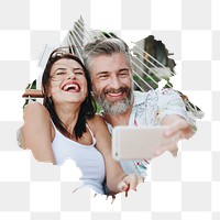 PNG Couple taking a selfie while on vacation, collage element, transparent background