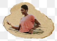 PNG Woman listening to music from the phone, collage element, transparent background