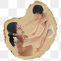 Mother holding toddler png sticker, ripped paper, transparent background