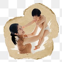 Mother holding toddler png sticker, ripped paper, transparent background