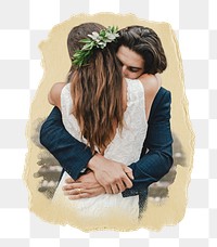 Bride hugging groom png sticker, ripped paper, transparent background