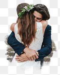 Bride hugging groom png sticker, transparent background