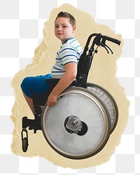 Boy in wheelchair png sticker, ripped paper, transparent background