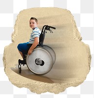 Boy in wheelchair png sticker, ripped paper, transparent background