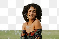 PNG Beautiful woman posing in the park, collage element, transparent background