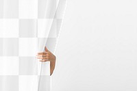 Curtain png mockup, woman hand, transparent design