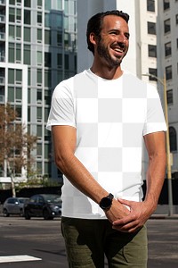 Png men&rsquo;s tee apparel mockup on a man at the crosswalk street style fashion