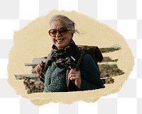 PNG Senior tourist woman walking at the beach, collage element, transparent background