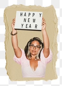 Happy New Year png sticker, ripped paper, transparent background