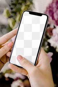 Phone screen png mockup, woman hands, transparent design